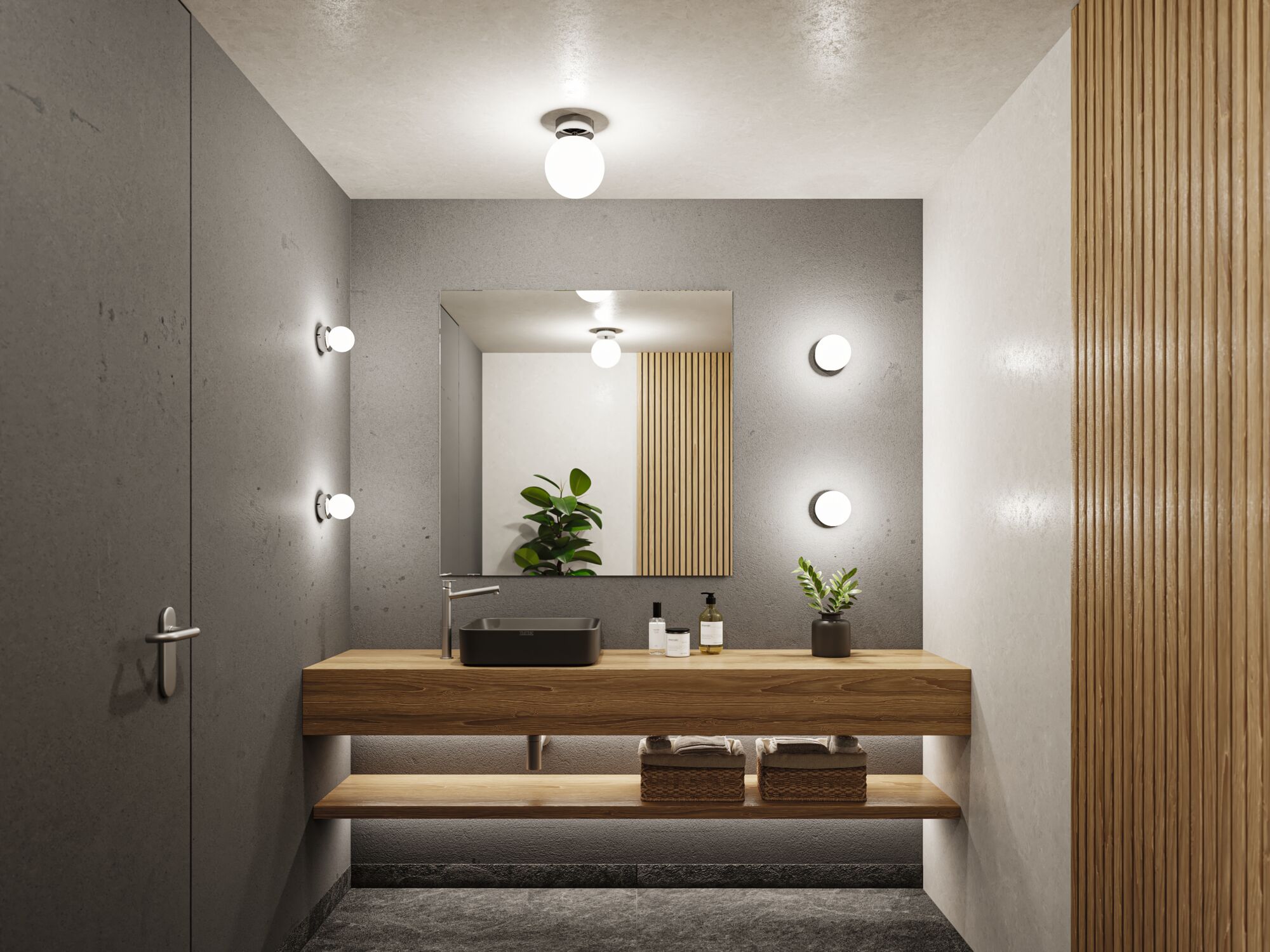 Modern bathroom with wooden vanity, grey sink, and round wall lights providing ambient lighting
