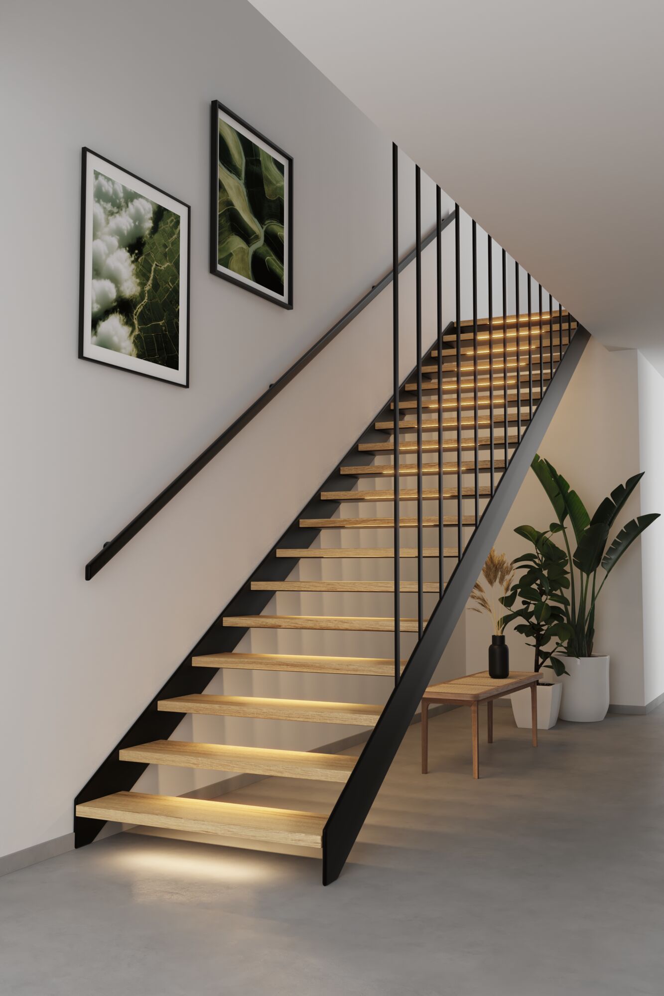 Moderne Holztreppe mit schwarzem Metallgeländer und integrierter LED-Beleuchtung im minimalistischen Flur
