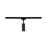 Black aluminum spotlight with cylindrical design on track system for modern LED lighting solutions
