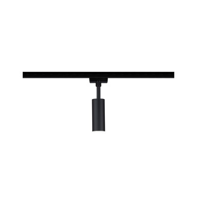 Black aluminum spotlight with cylindrical design on track system for modern LED lighting solutions