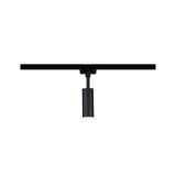 Black aluminum spotlight with cylindrical design on track system for modern LED lighting solutions
