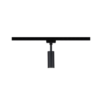 Black aluminum spotlight with cylindrical design on track system for modern LED lighting solutions