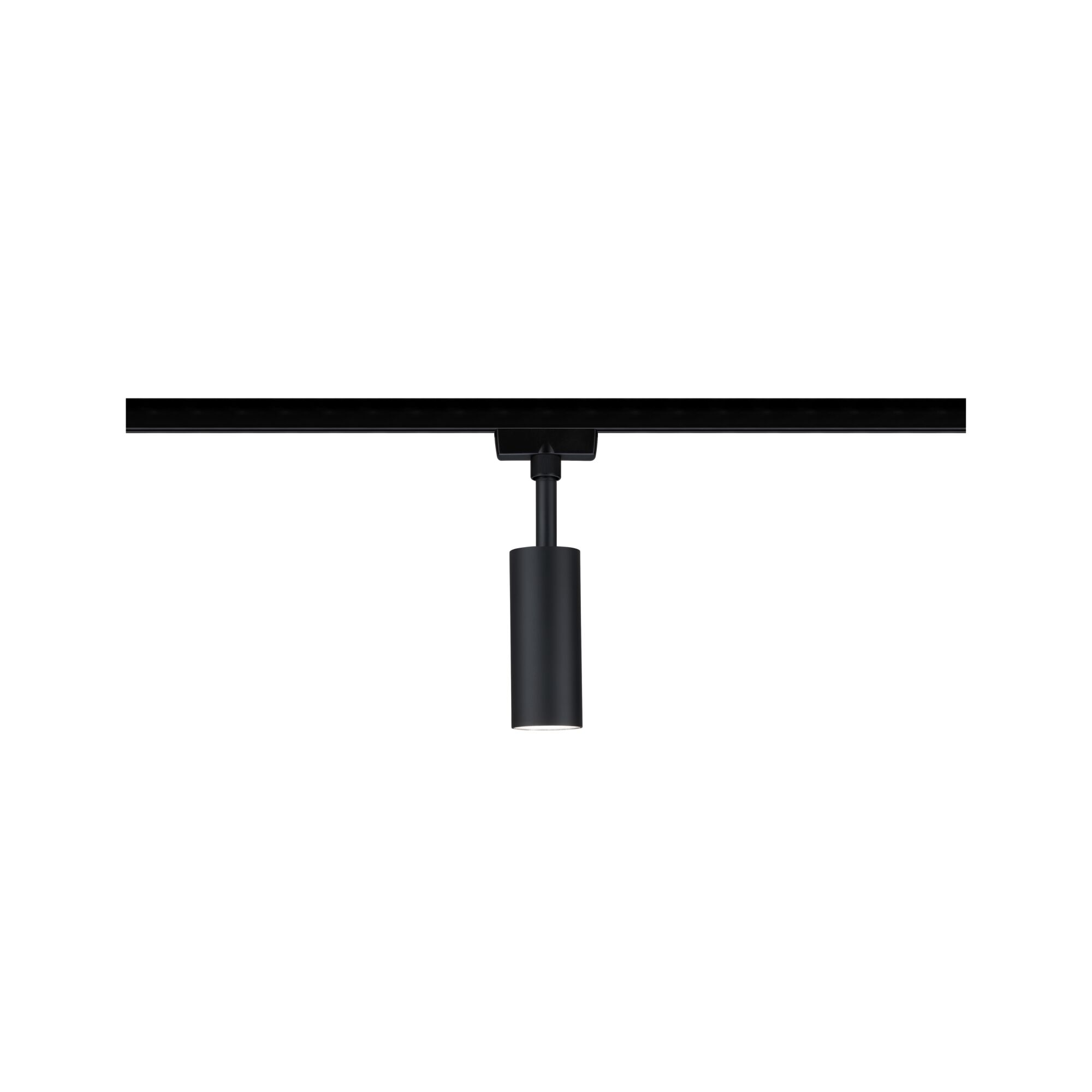 Black aluminum spotlight with cylindrical design on track system for modern LED lighting solutions