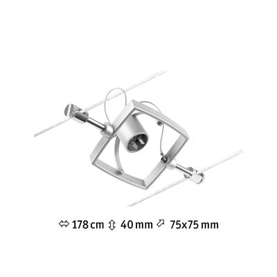 Modern square cable spotlight in silver metal for adjustable lighting systems.