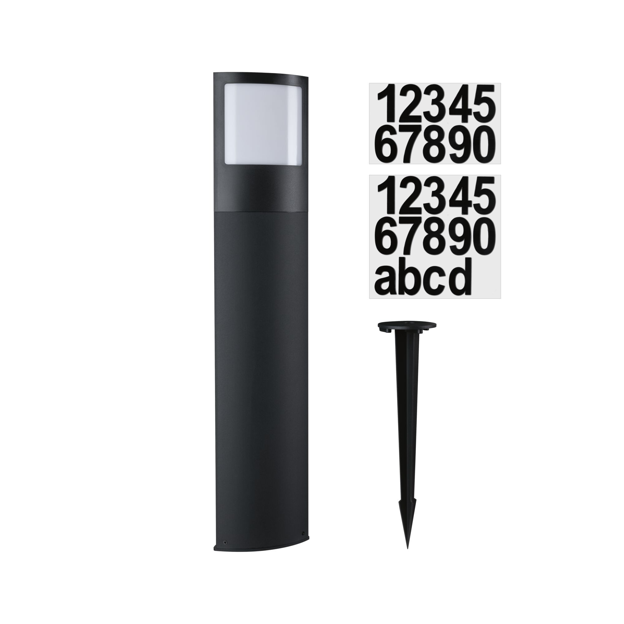 Black metal LED path light with white diffuser and number stickers for outdoor lighting