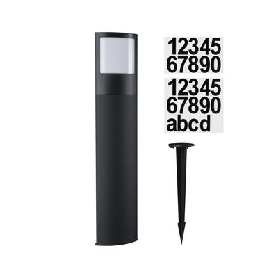 Black metal LED path light with white diffuser and number stickers for outdoor lighting