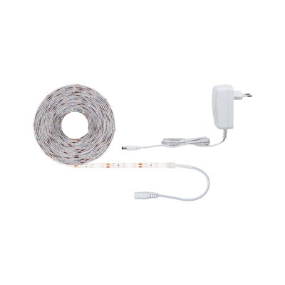 White LED strip light with power adapter and connector cable for flexible lighting setups