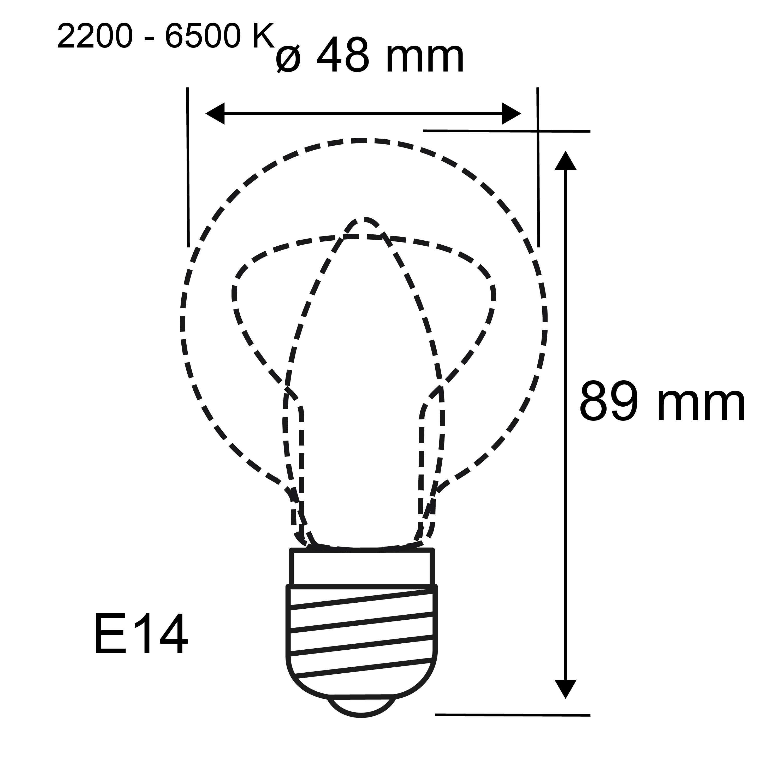 Technische tekening van een E14 LED-lamp met 48 mm diameter en 89 mm lengte, kleurtemperatuur 2200-6500 K