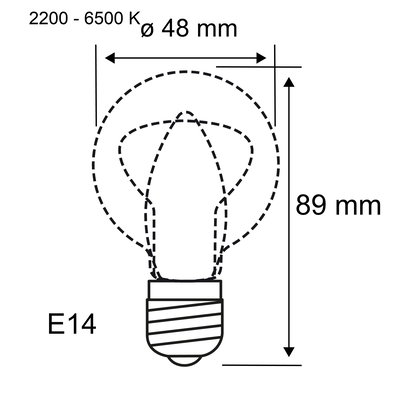 Technical drawing of an E14 LED bulb with 48 mm diameter and 89 mm length, color temperature 2200-6500 K