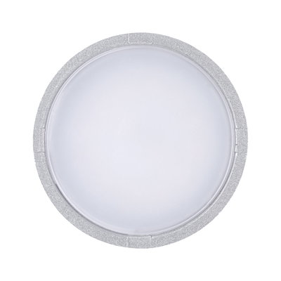 Round ceiling light with silver frame and milky plastic diffuser for indoor lighting