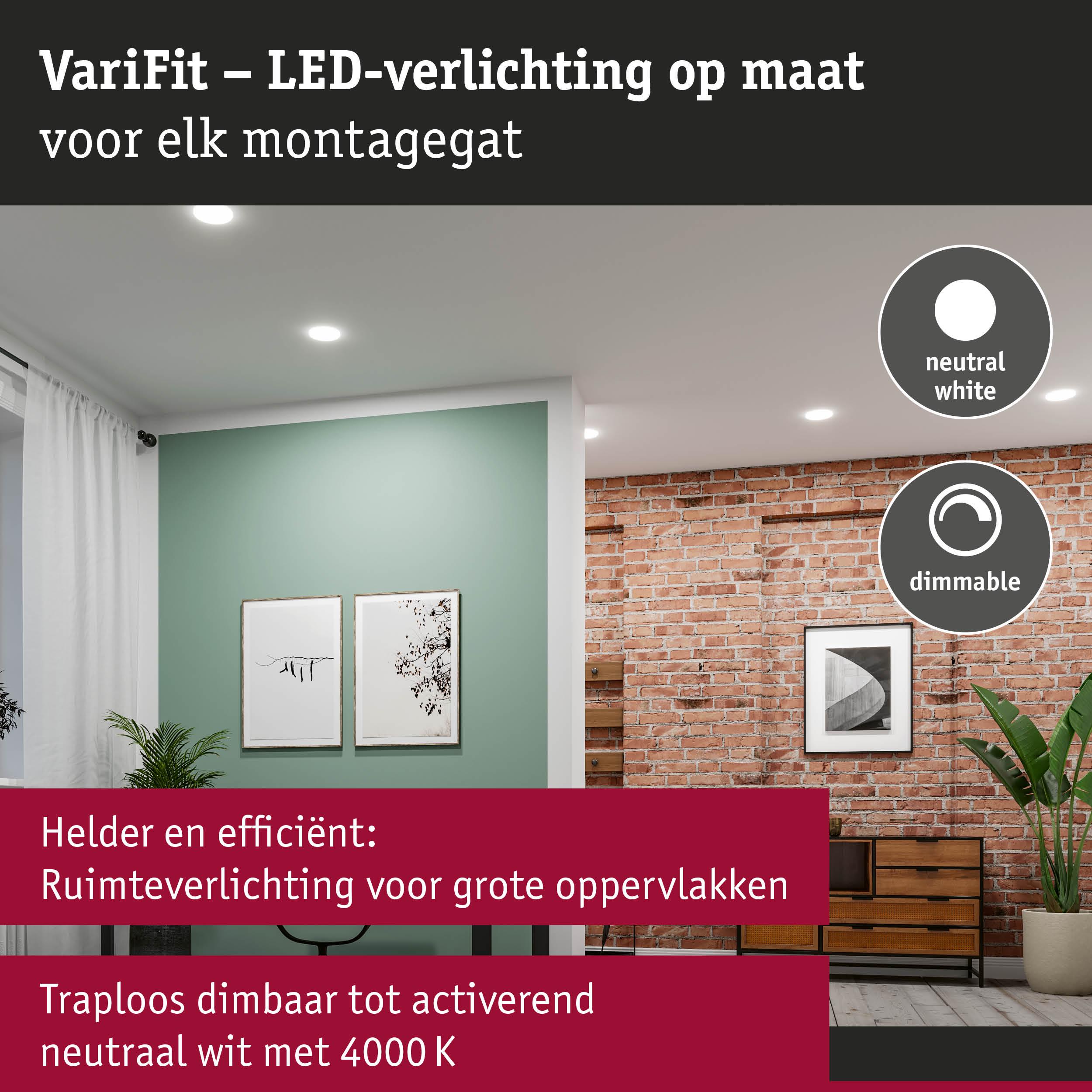 Moderne dimbare LED-verlichting in neutraal wit voor grote ruimtes met bakstenen muur en planten