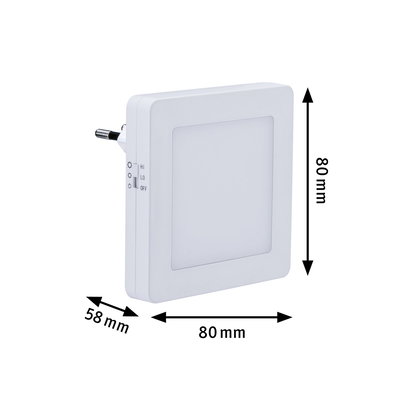Weißes quadratisches LED-Nachtlicht mit Schalter und Maßen 80x80x58 mm für Steckdose