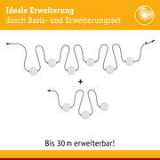 Erweiterungsset mit weißen Kugelleuchten und schwarzen Kabeln, bis 30 m erweiterbar für LED-Beleuchtung