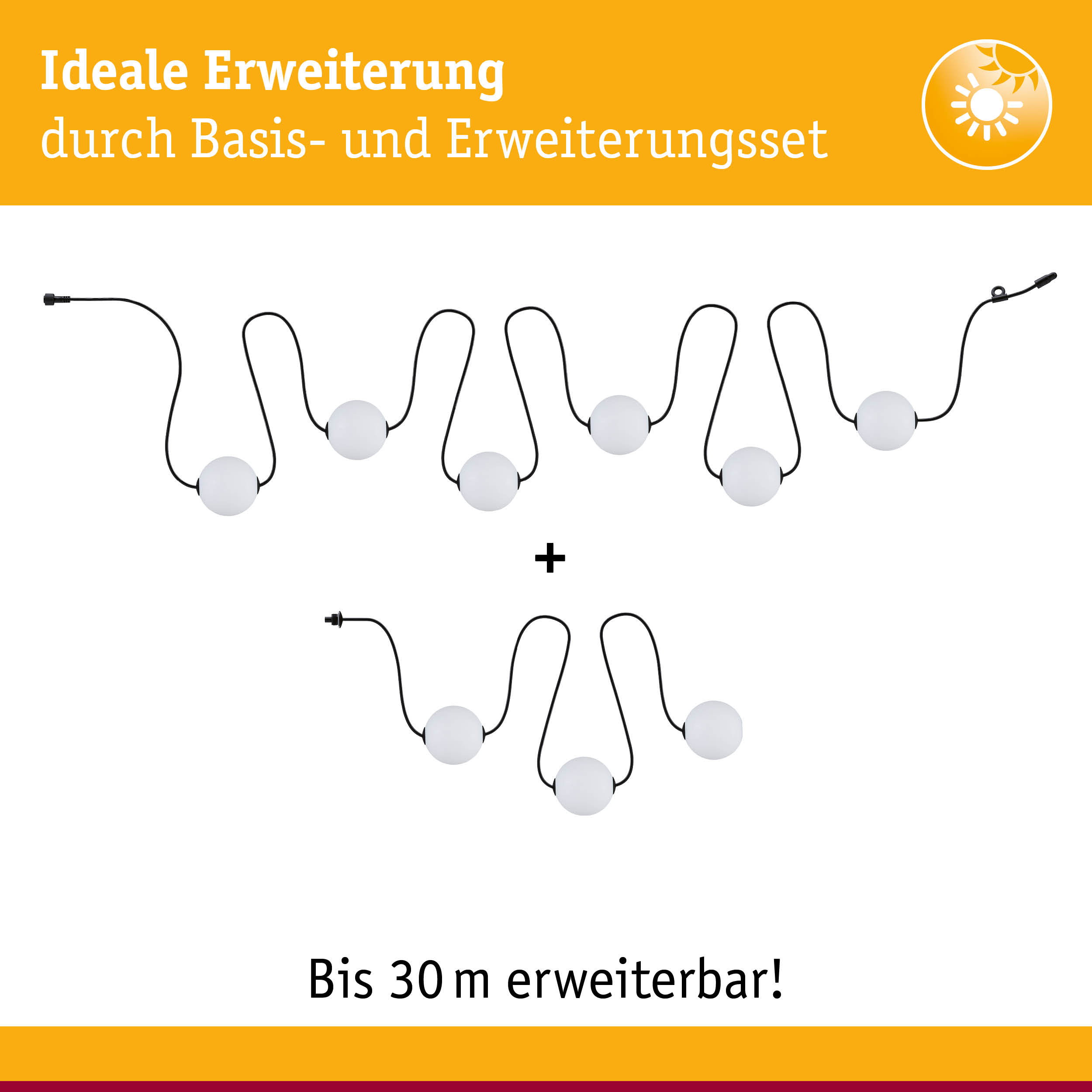 Erweiterungsset mit weißen Kugelleuchten und schwarzen Kabeln, bis 30 m erweiterbar für LED-Beleuchtung
