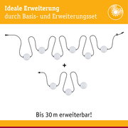 Erweiterungsset mit weißen Kugelleuchten und schwarzen Kabeln, bis 30 m erweiterbar für LED-Beleuchtung