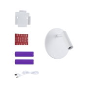 Weißer LED-Wandstrahler mit Akku, USB-Kabel, Klebepad und Halterung für flexible Beleuchtung
