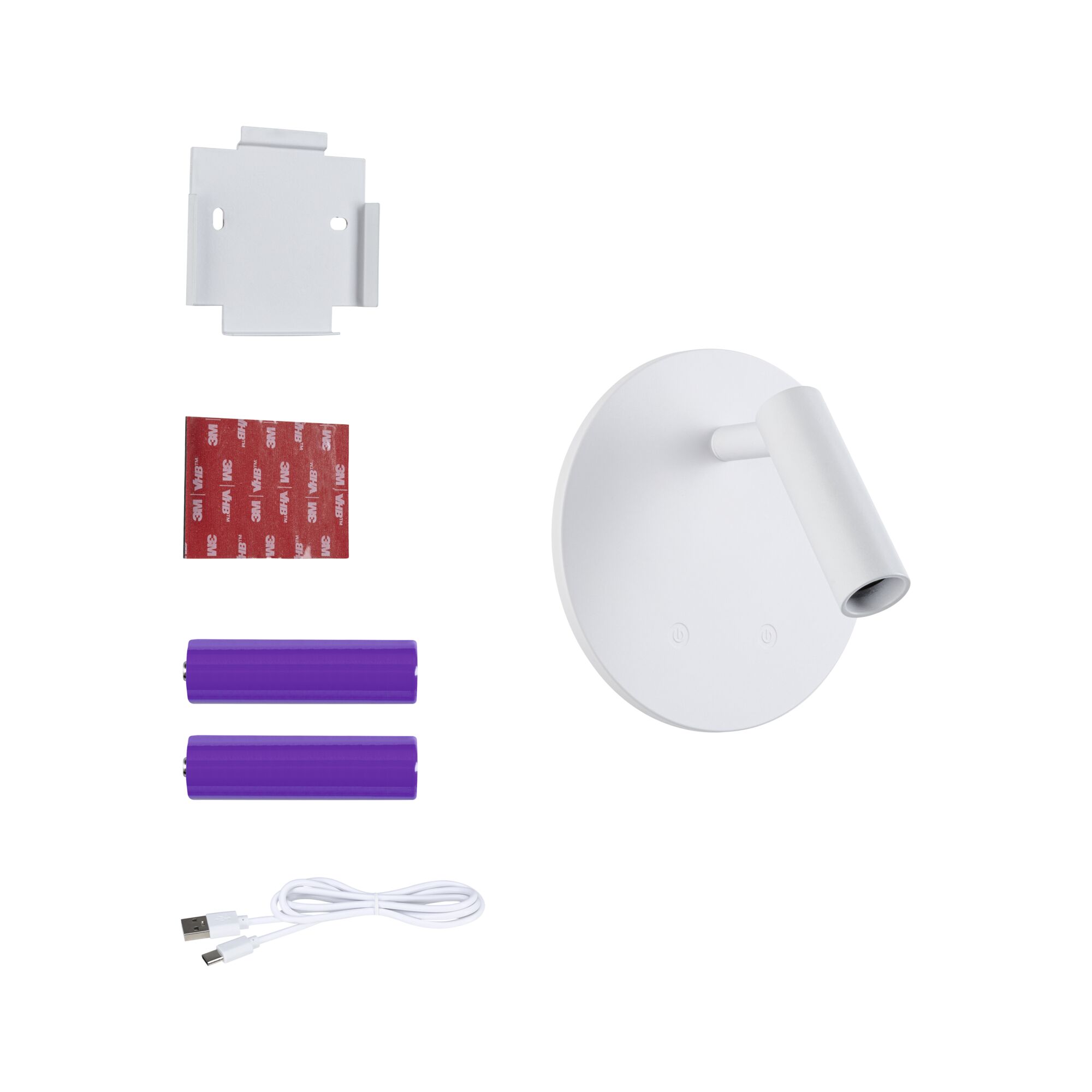 Weißer LED-Wandstrahler mit Akku, USB-Kabel, Klebepad und Halterung für flexible Beleuchtung