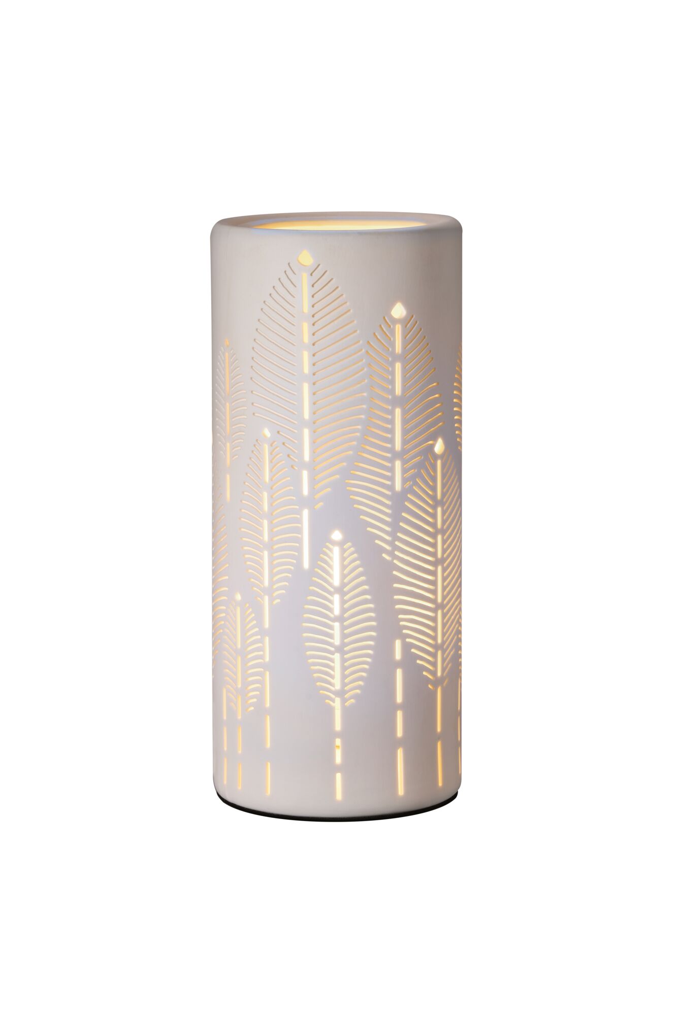 White ceramic table lamp with delicate leaf patterns and warm light for cozy ambient lighting