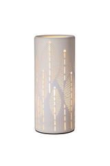 White ceramic table lamp with delicate leaf patterns and warm light for cozy ambient lighting