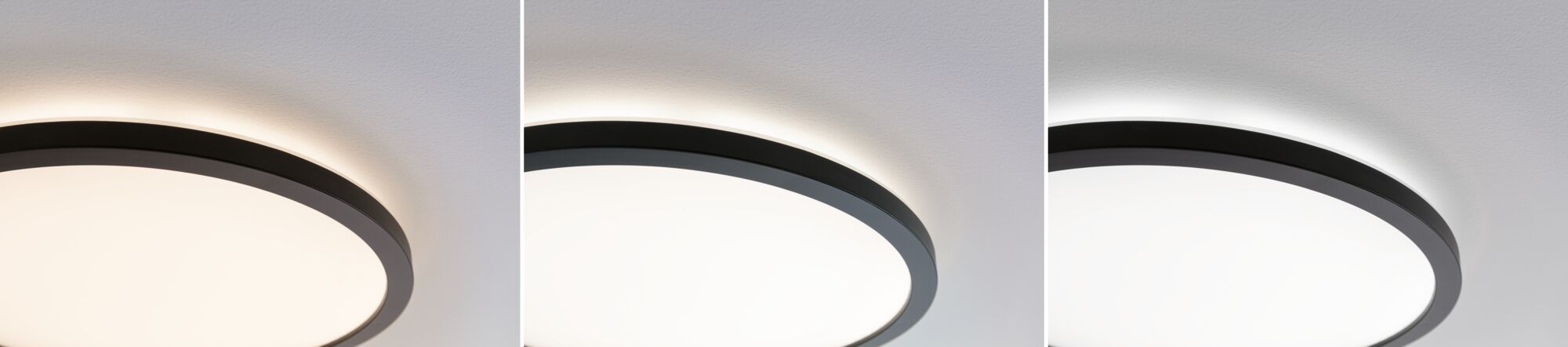 Three round ceiling lights with black metal frame and warm white LED light on white ceiling.
