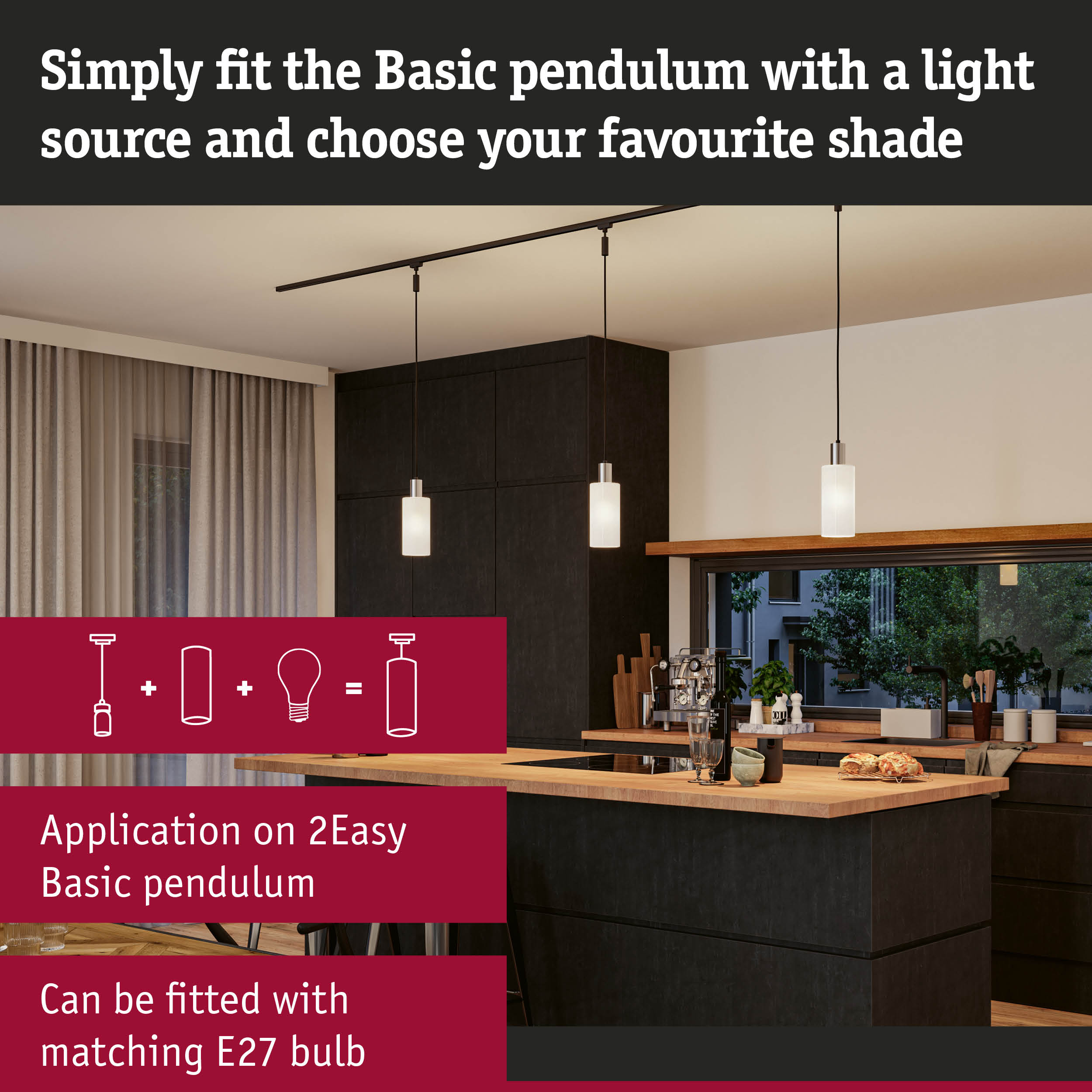 Modern Basic pendant light with white glass and black metal in stylish kitchen interior