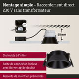 Montage simple d’un spot LED encastré noir avec 55 mm de profondeur et raccordement direct 230 V sans transformateur
