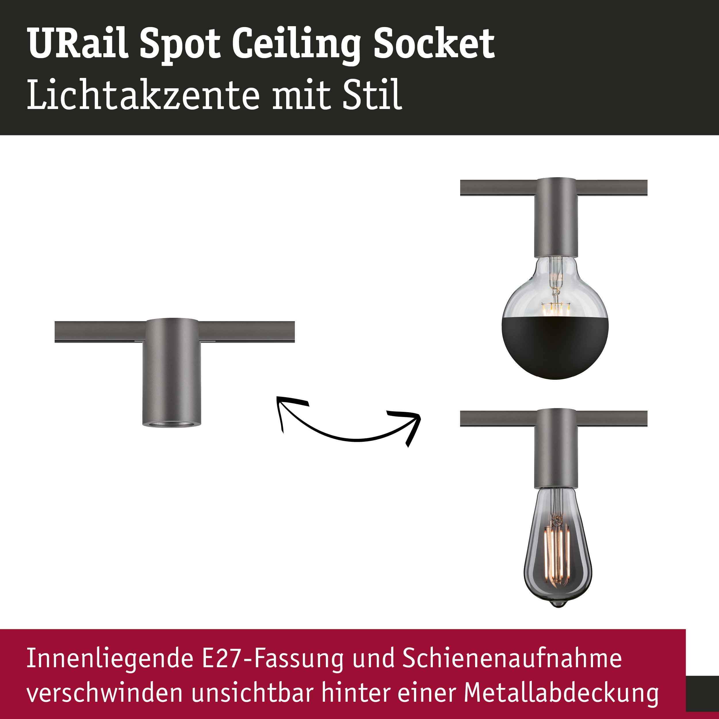 URail Schienenspot Socket E27 max. 20W dimmbar 230V Titanium