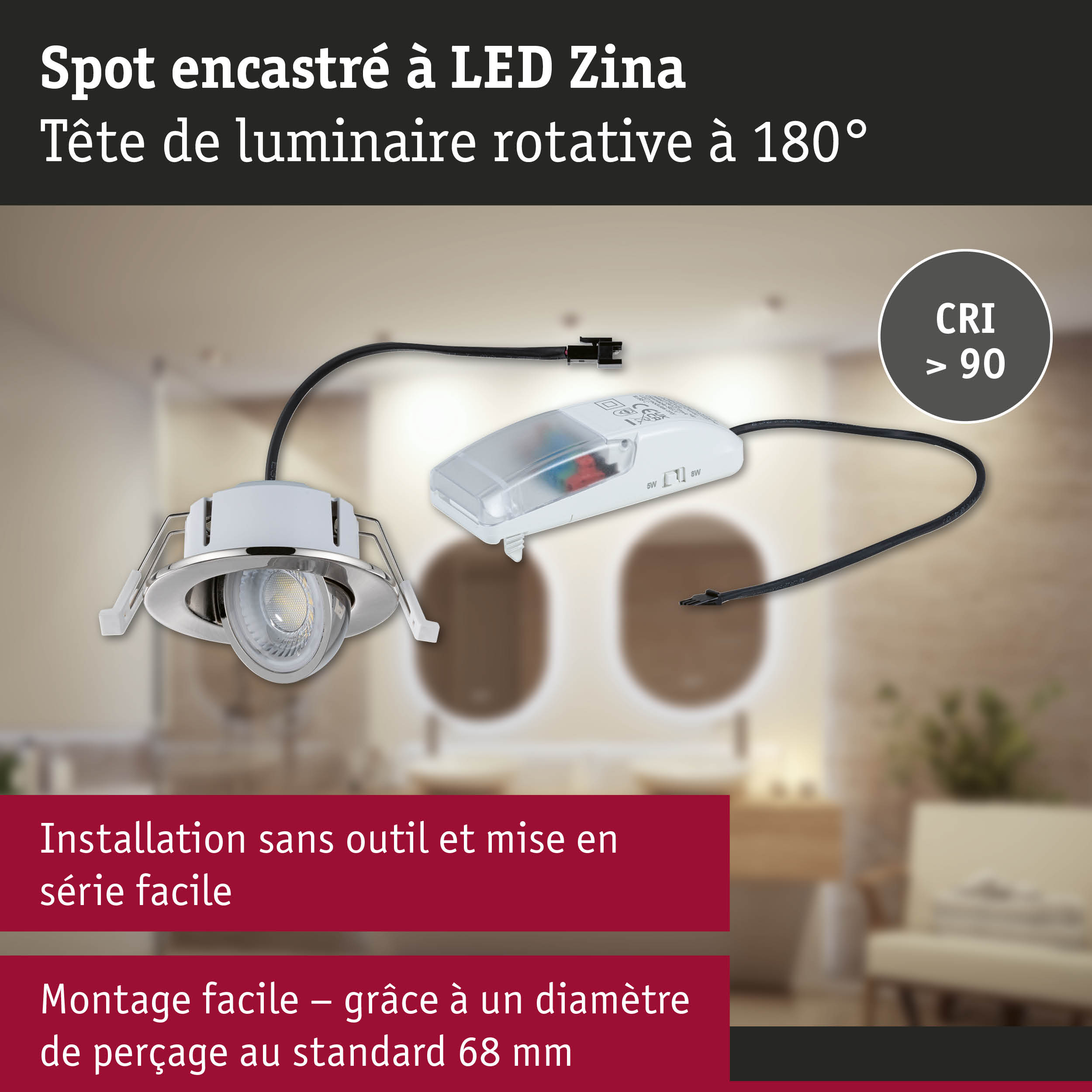 Spot encastré LED Zina avec tête rotative à 180° et CRI supérieur à 90, installation facile