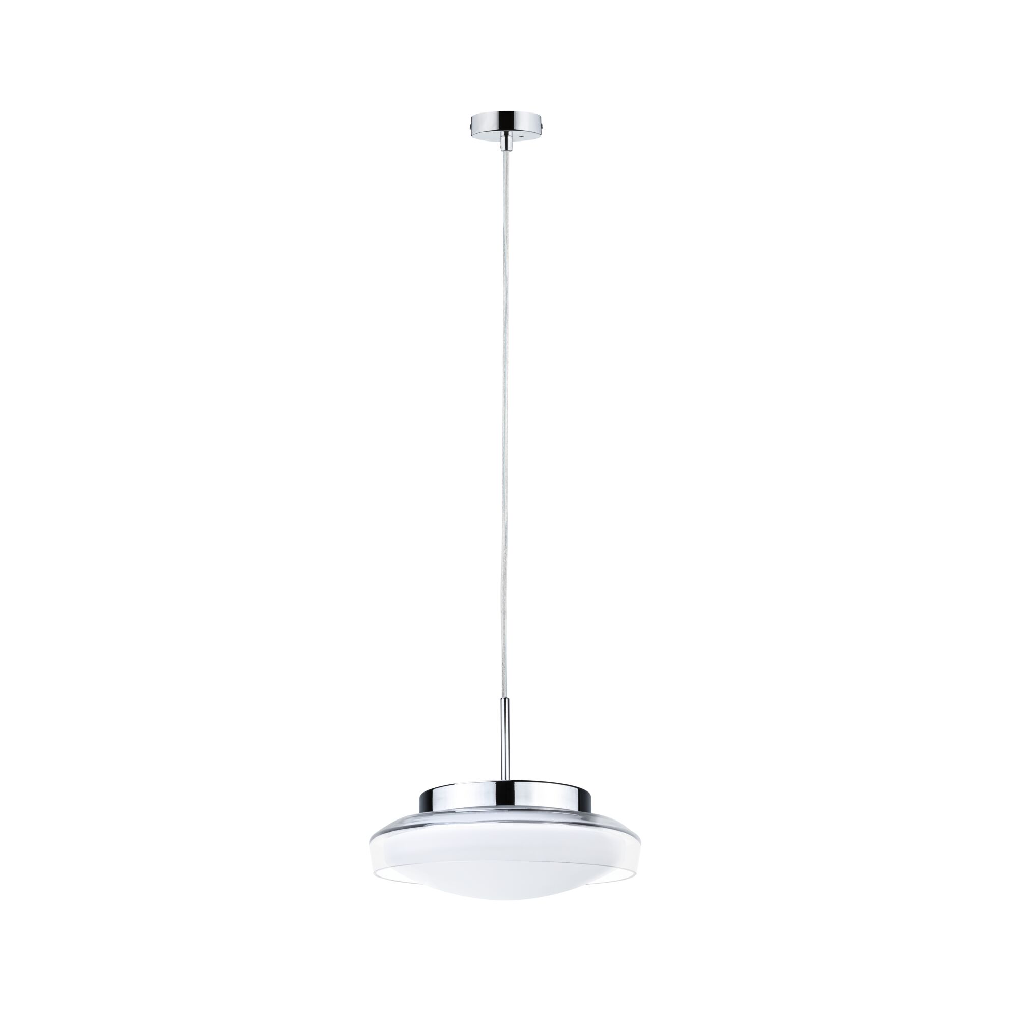 Moderne pendel i krom og hvidt glas med LED-teknologi til stilfuld rumbelysning