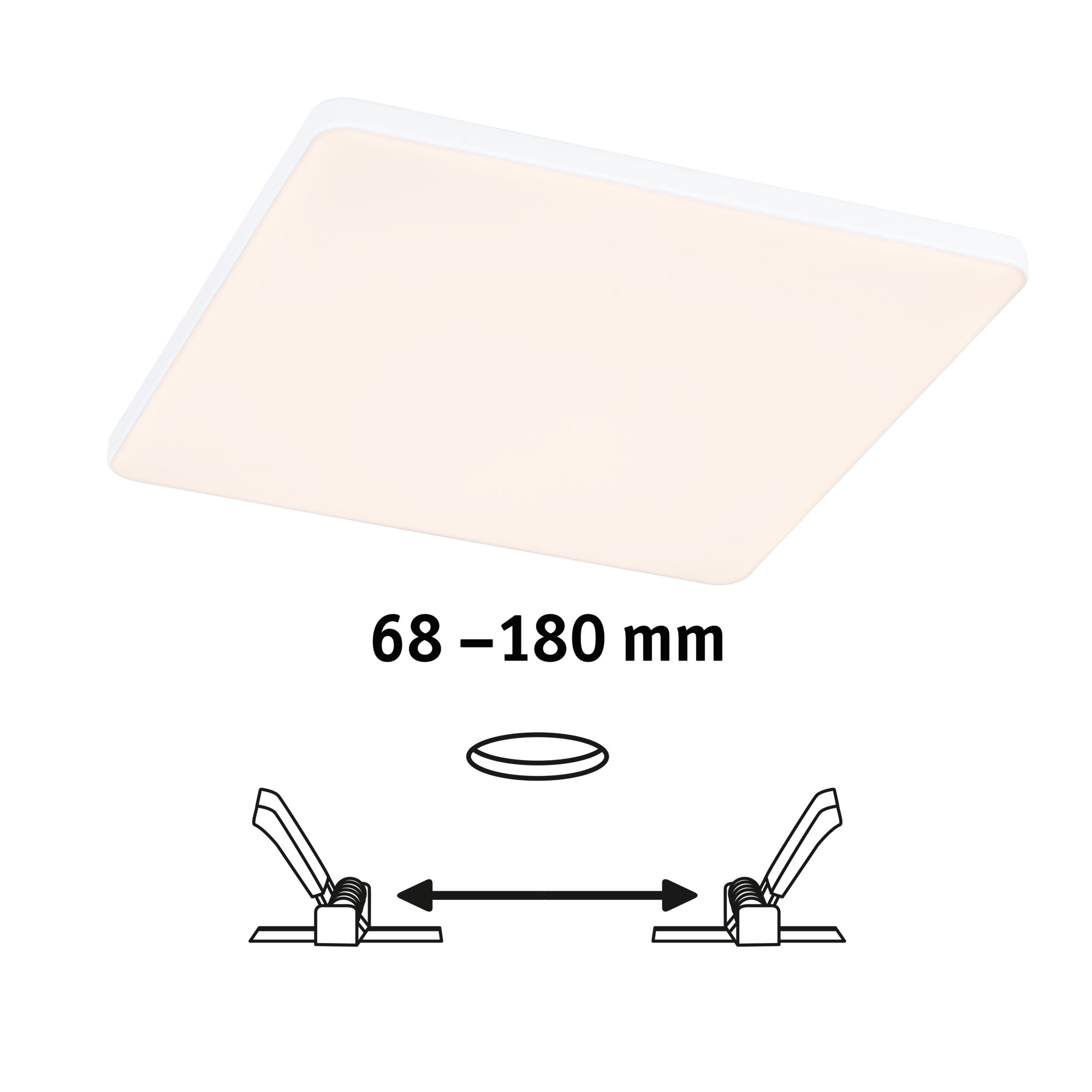 Square white LED ceiling light with warm white illumination and spring clips for mounting