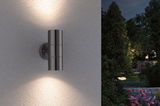 Moderner Edelstahl-Wandleuchter mit Up- und Downlight für Außenbereiche und Gartenbeleuchtung.
