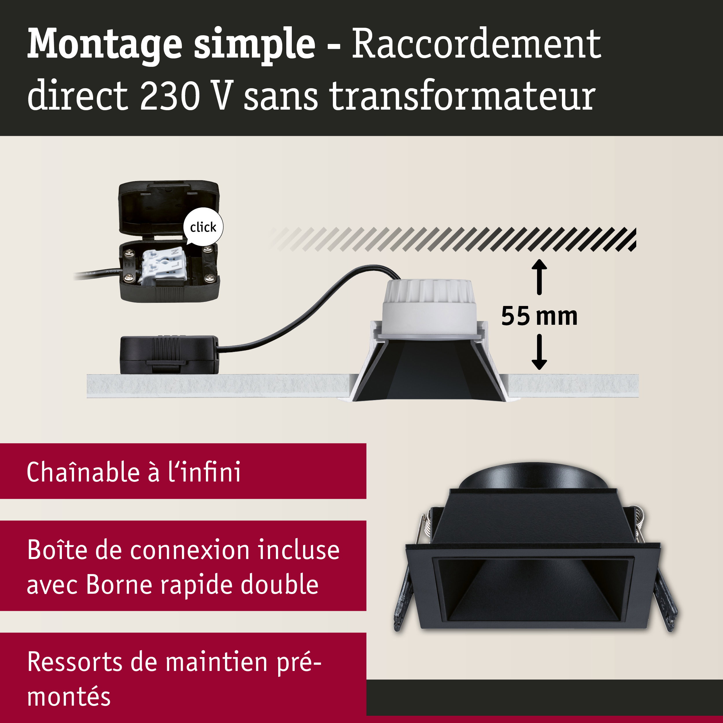 Spot encastré noir avec profondeur d'installation de 55 mm et raccordement direct 230 V sans transformateur