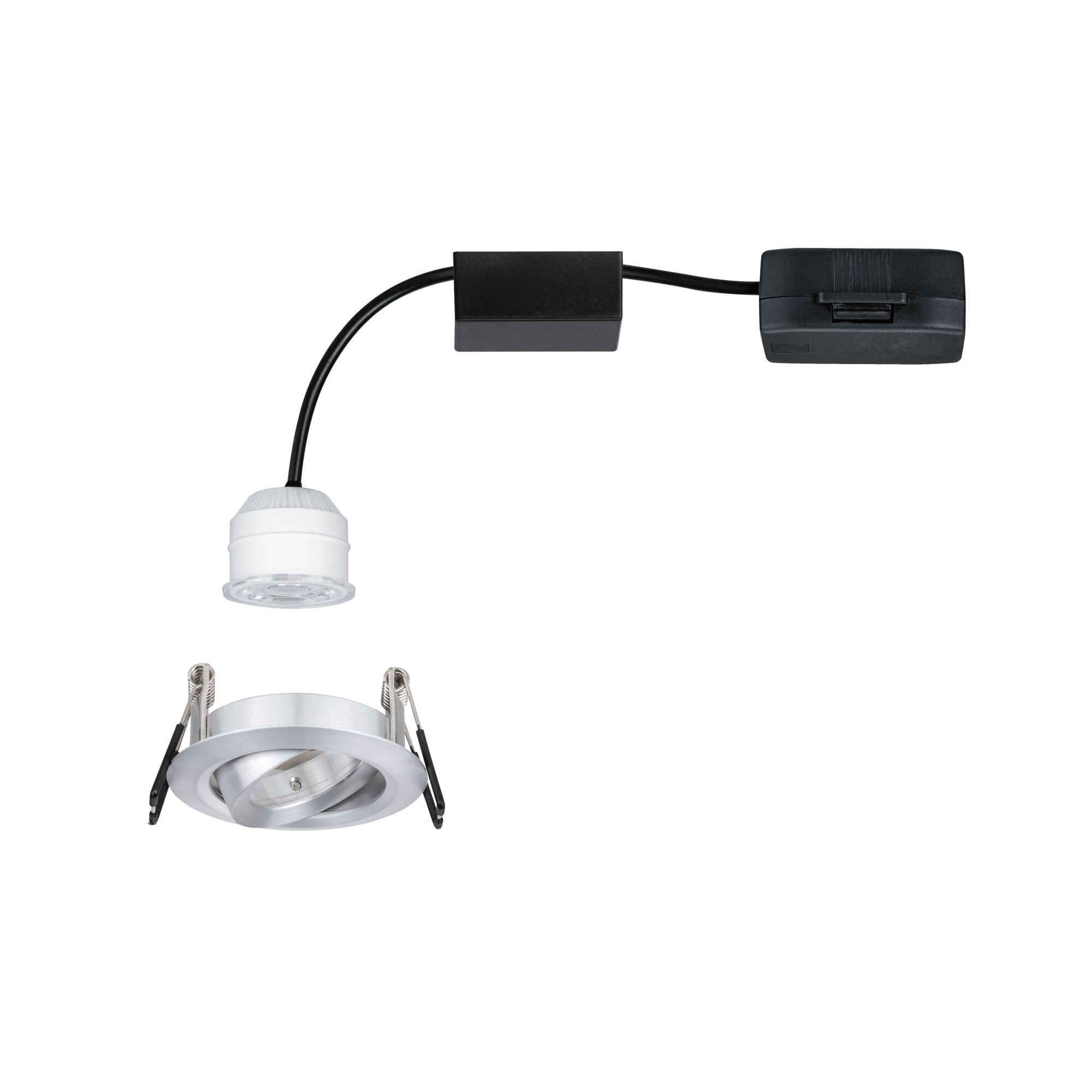 Rundes Einbau-LED-Spotgehäuse aus Aluminium in Silber mit weißem LED-Modul und schwarzem Kabel.