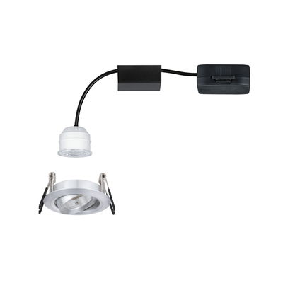 Round recessed LED spotlight housing in silver aluminum with white LED module and black cable.