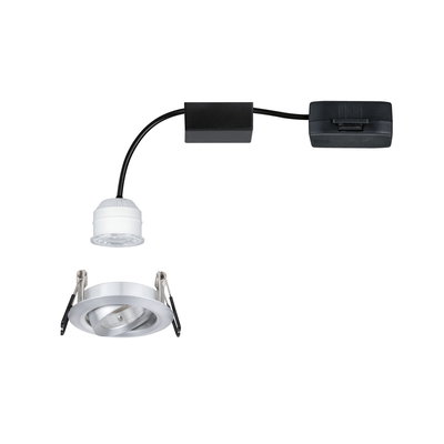Ronde inbouw LED-spotbehuizing van zilverkleurig aluminium met wit LED-module en zwarte kabel.