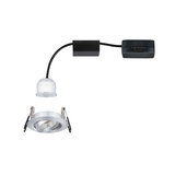 Boîtier de spot LED encastré rond en aluminium argenté avec module LED blanc et câble noir.