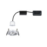 Rund indbygnings-LED-spot i sølvfarvet aluminium med hvid LED-modul og sort kabel.