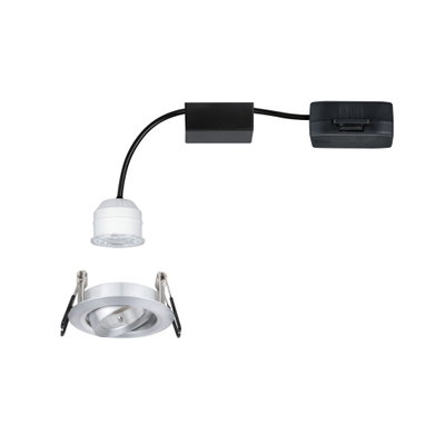 Rund indbygnings-LED-spot i sølvfarvet aluminium med hvid LED-modul og sort kabel.