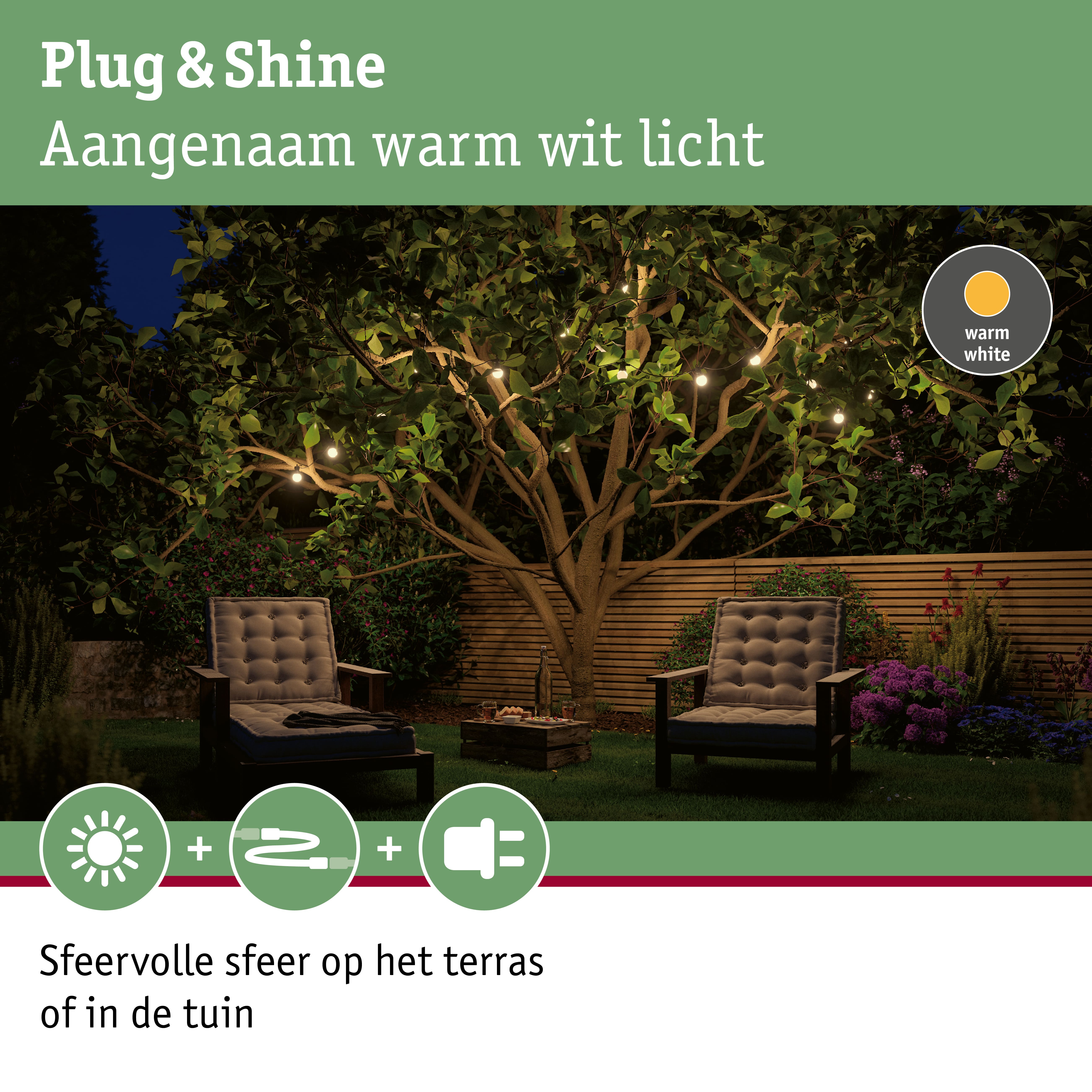 Sfeervolle tuinverlichting met warm wit licht aan boom en zithoek voor terras en tuin