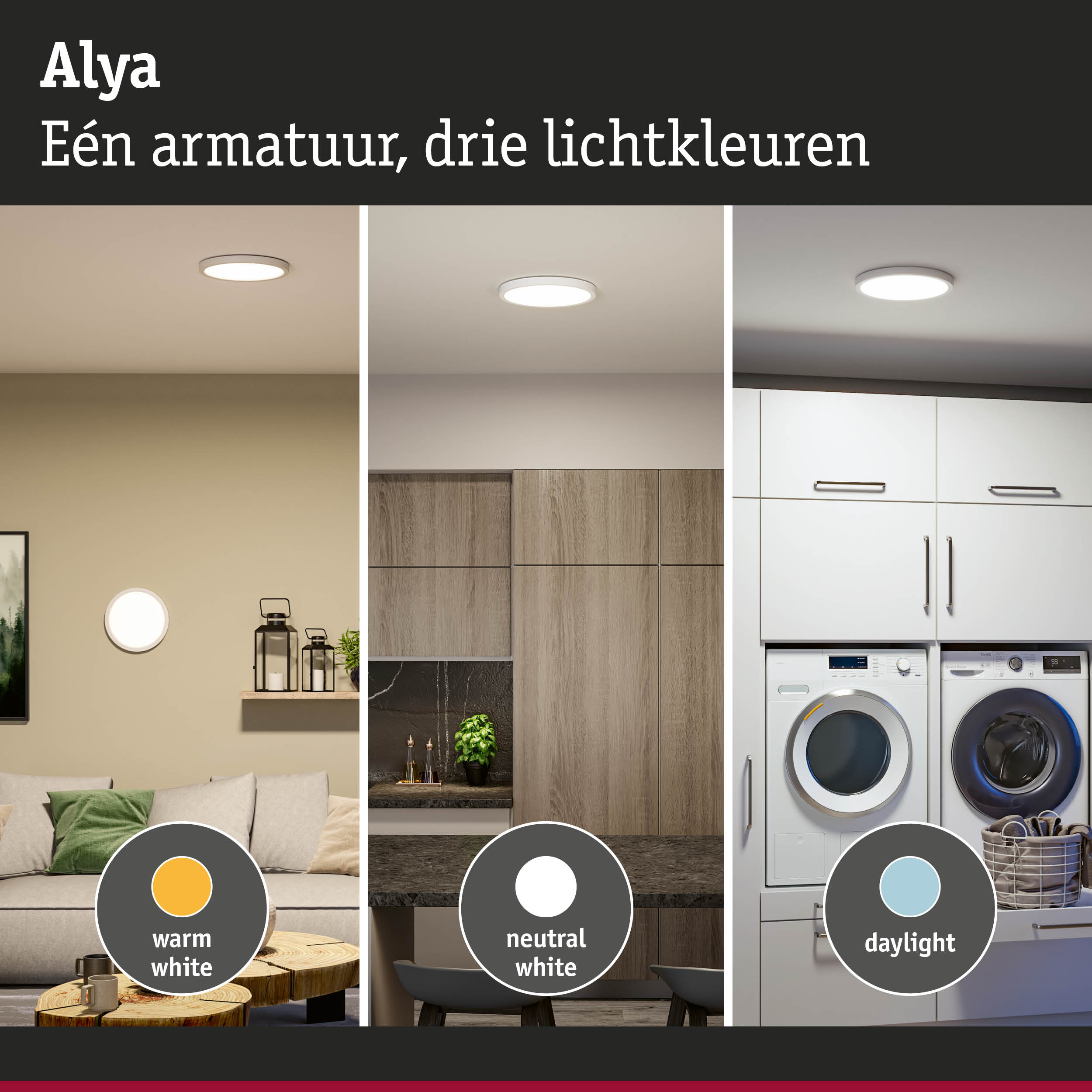 Alya witte LED-plafondlamp met drie lichtkleuren: warm wit, neutraal wit en daglicht