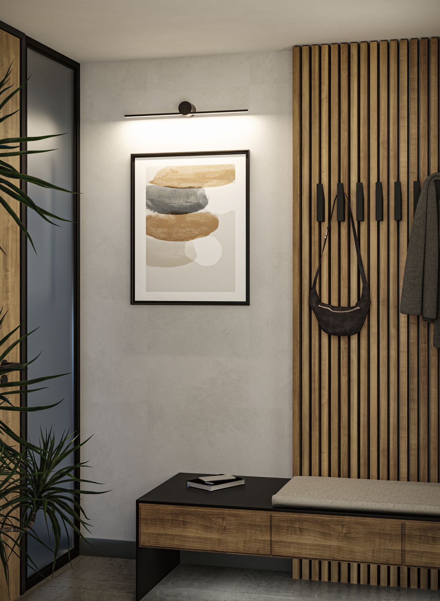 Moderner Flur mit Holzpaneelen, Sitzbank und schwarzer Wandlampe für stimmungsvolle LED-Beleuchtung