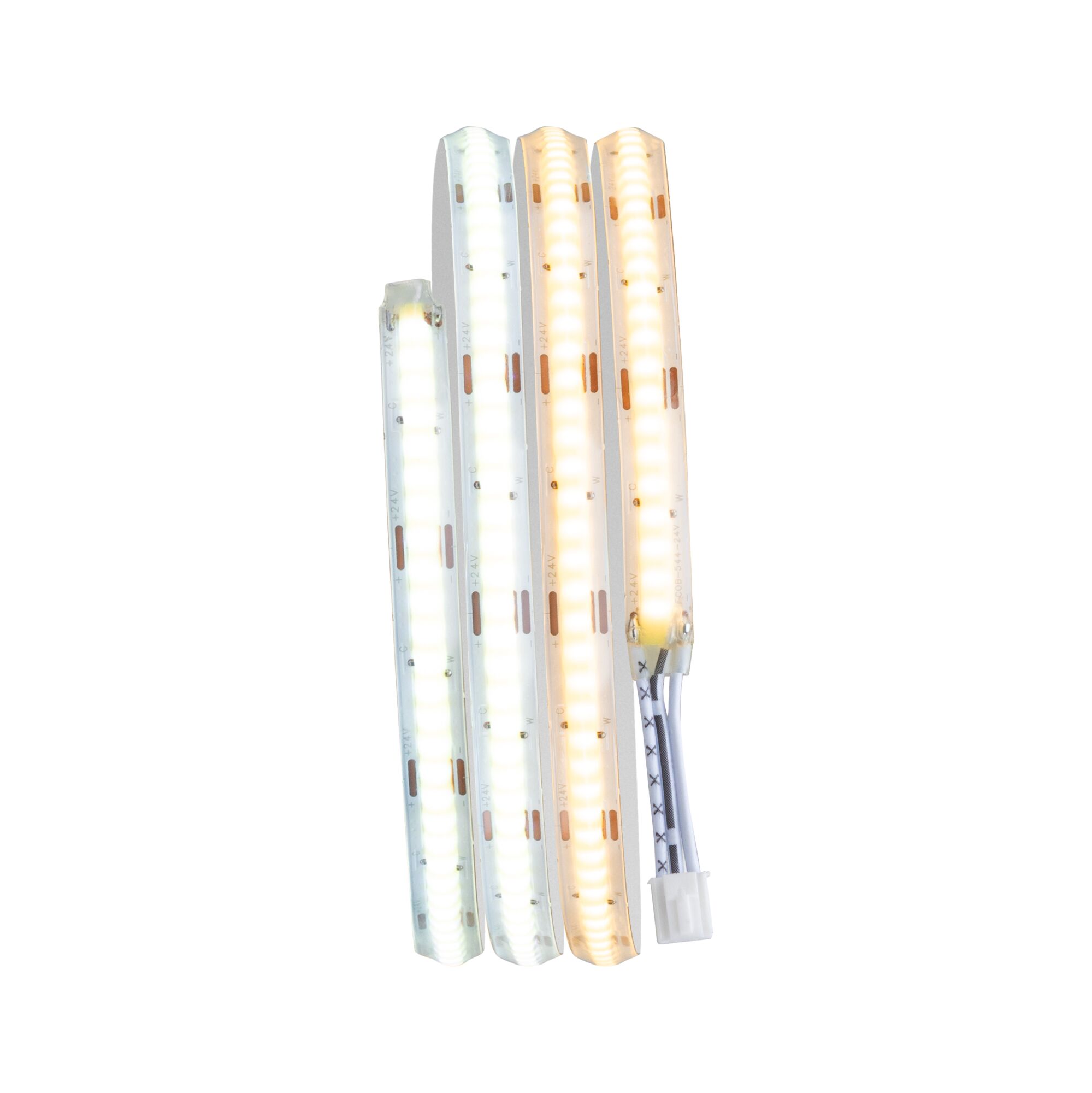 Four flexible LED light strips in warm and cool white with connector cable for indoor lighting