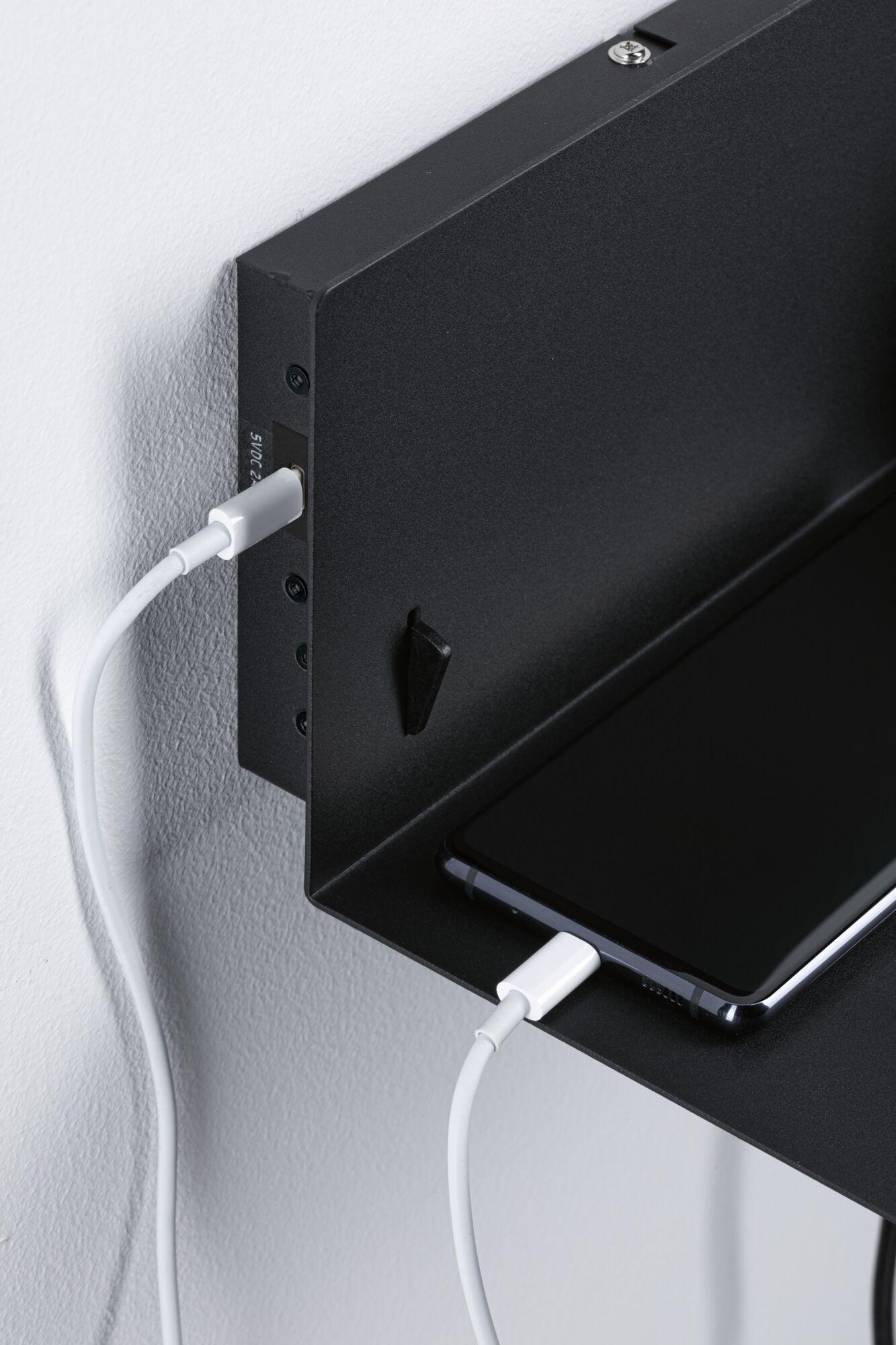 Schwarze Metall-Wandhalterung mit USB-Ladeanschluss und Smartphone, modernes Ladestation-Design