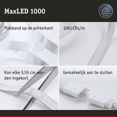 MaxLED 1000 LED-strip met beschermhoes, 108 LEDs per meter, zelfklevend en eenvoudig in te korten