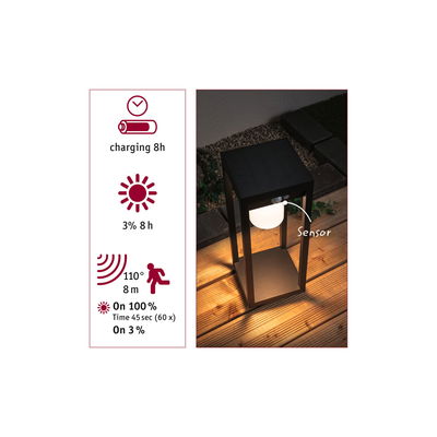 Zwarte solarlamp met bewegingssensor en 8 uur oplaadtijd voor buiten- en tuinverlichting.