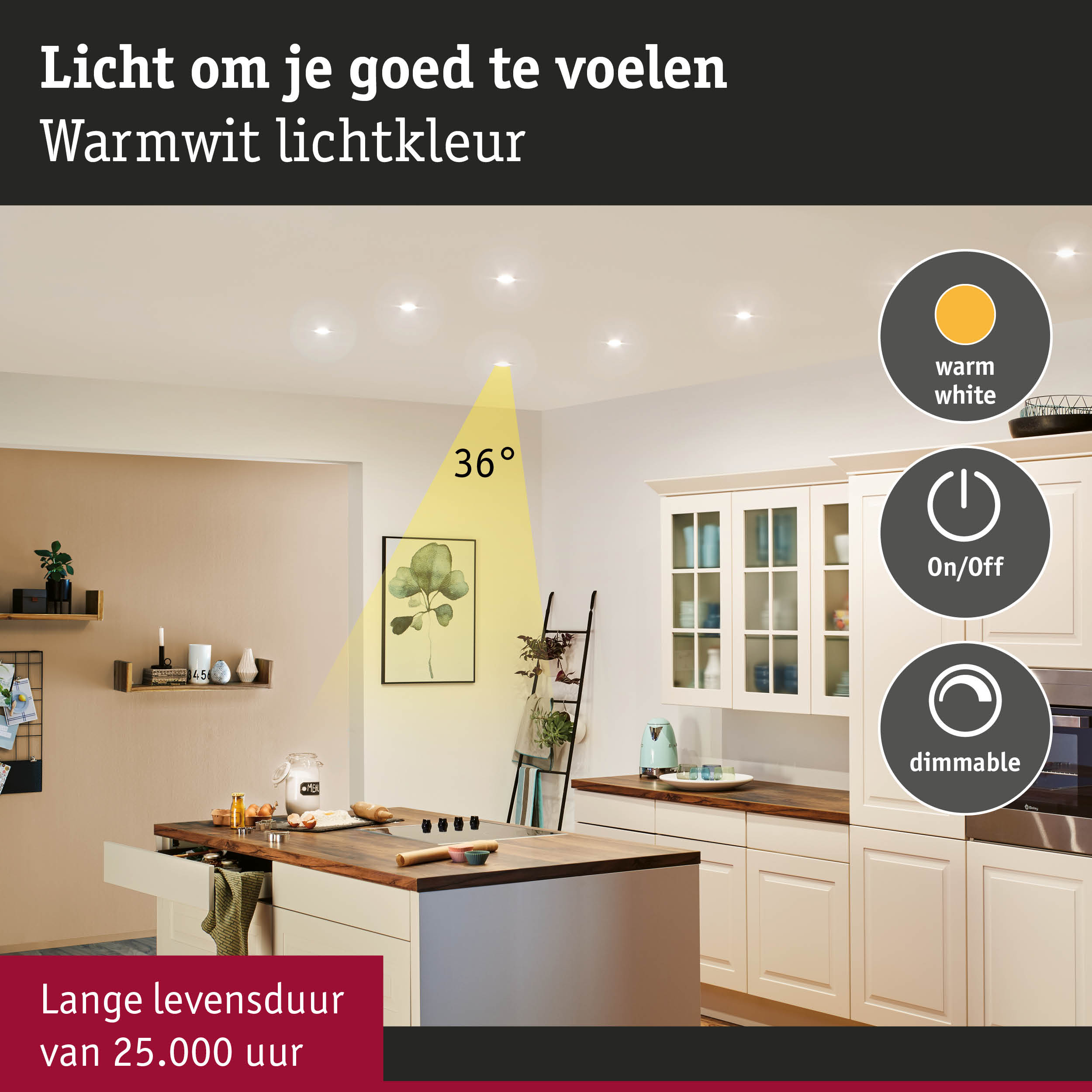 Moderne keuken met warmwit LED-plafondverlichting en dimbare bediening voor sfeervolle verlichting