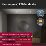 Nova recessed LED luminaire in matt gold with warm white light and IP44 splash protection for bathrooms.