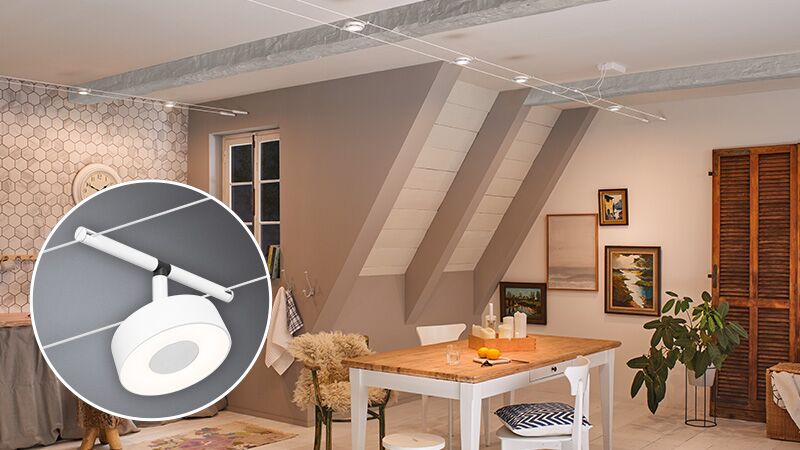 Système de câble blanc avec lampe LED ronde dans une salle à manger moderne avec table en bois et plantes.