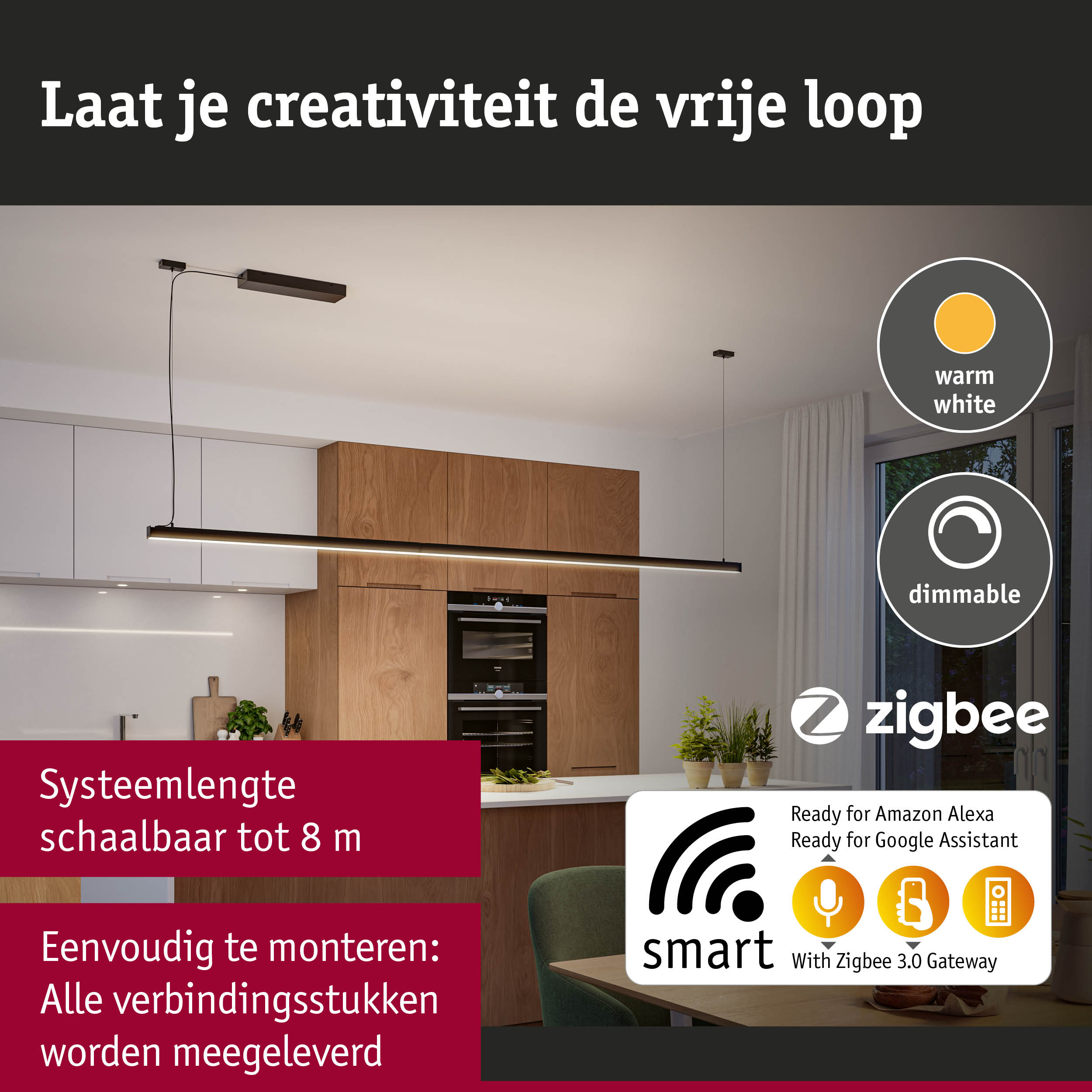Moderne zwarte LED-hanglamp met warm wit dimbaar licht, Zigbee smart home compatibel
