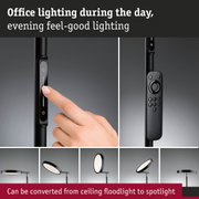Black LED office lamp with touch control and remote, convertible from ceiling floodlight to spotlight